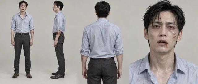 Office Commuter zombie concept sheet with front, side, back and portrait views.