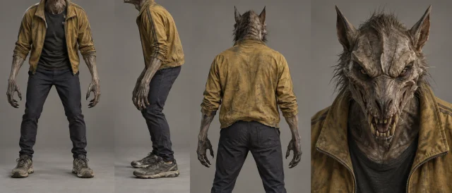 Rusher monster concept sheet with front, side, back and portrait views.