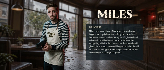Miles, a cafe worker who finds the courage to go back after fleeing the outbreak.