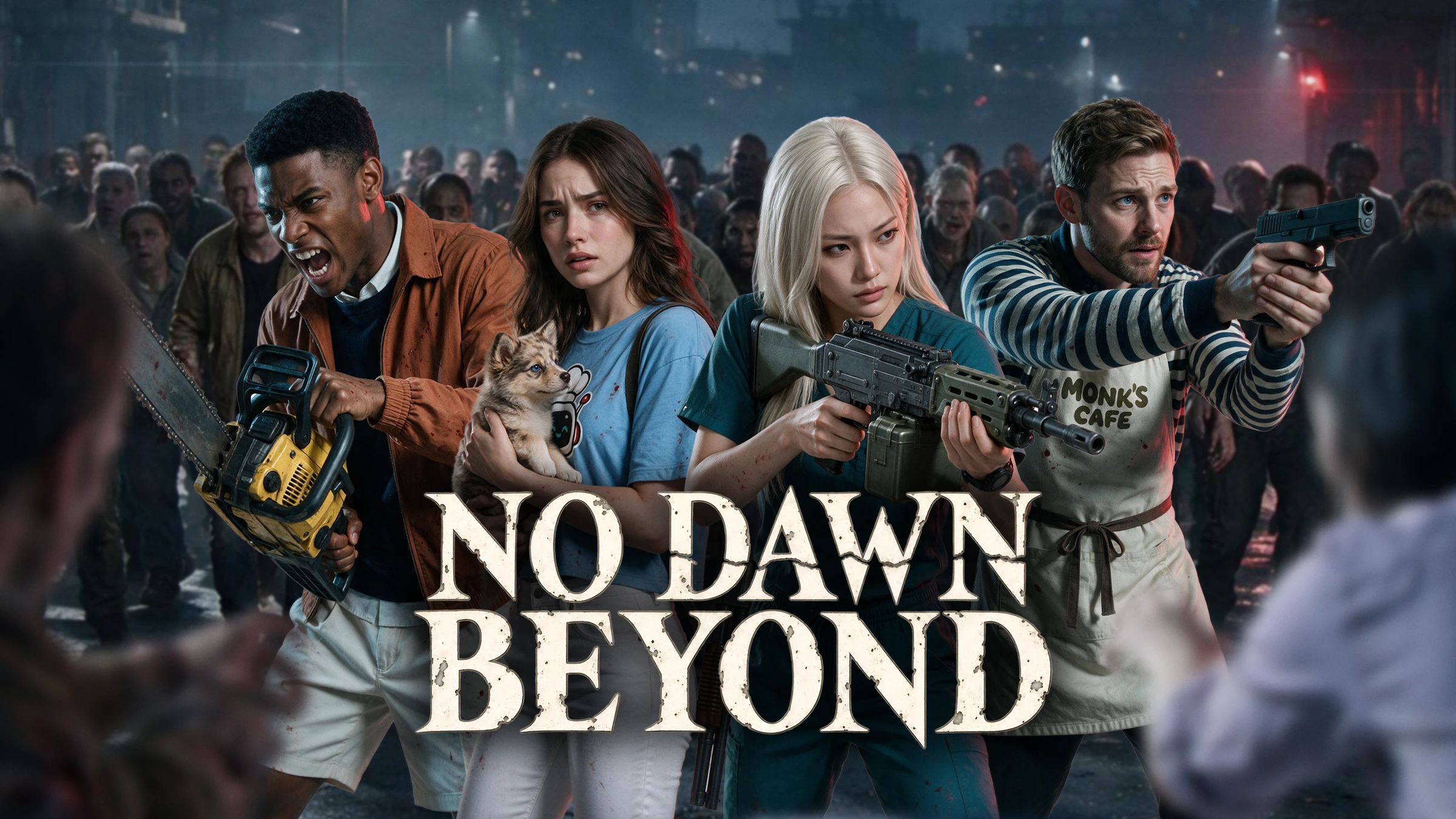 No Dawn Beyond concept poster: Isaiah Cameron, Elina Skye holding Mochi, Reika Satomi and Miles Parker face a zombie outbreak.